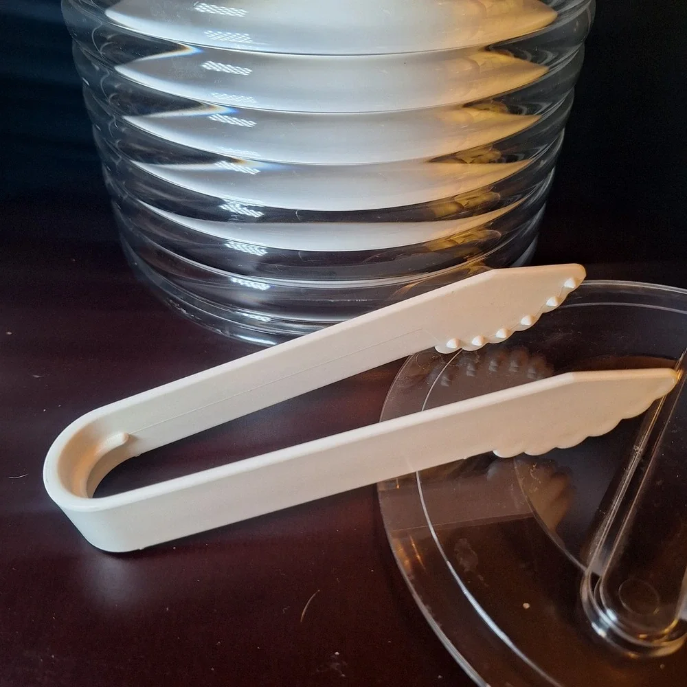 Sally Designs Ice Bucket Clear Acrylic Ribbed White Handle Lid Tongs‎ Glencoe